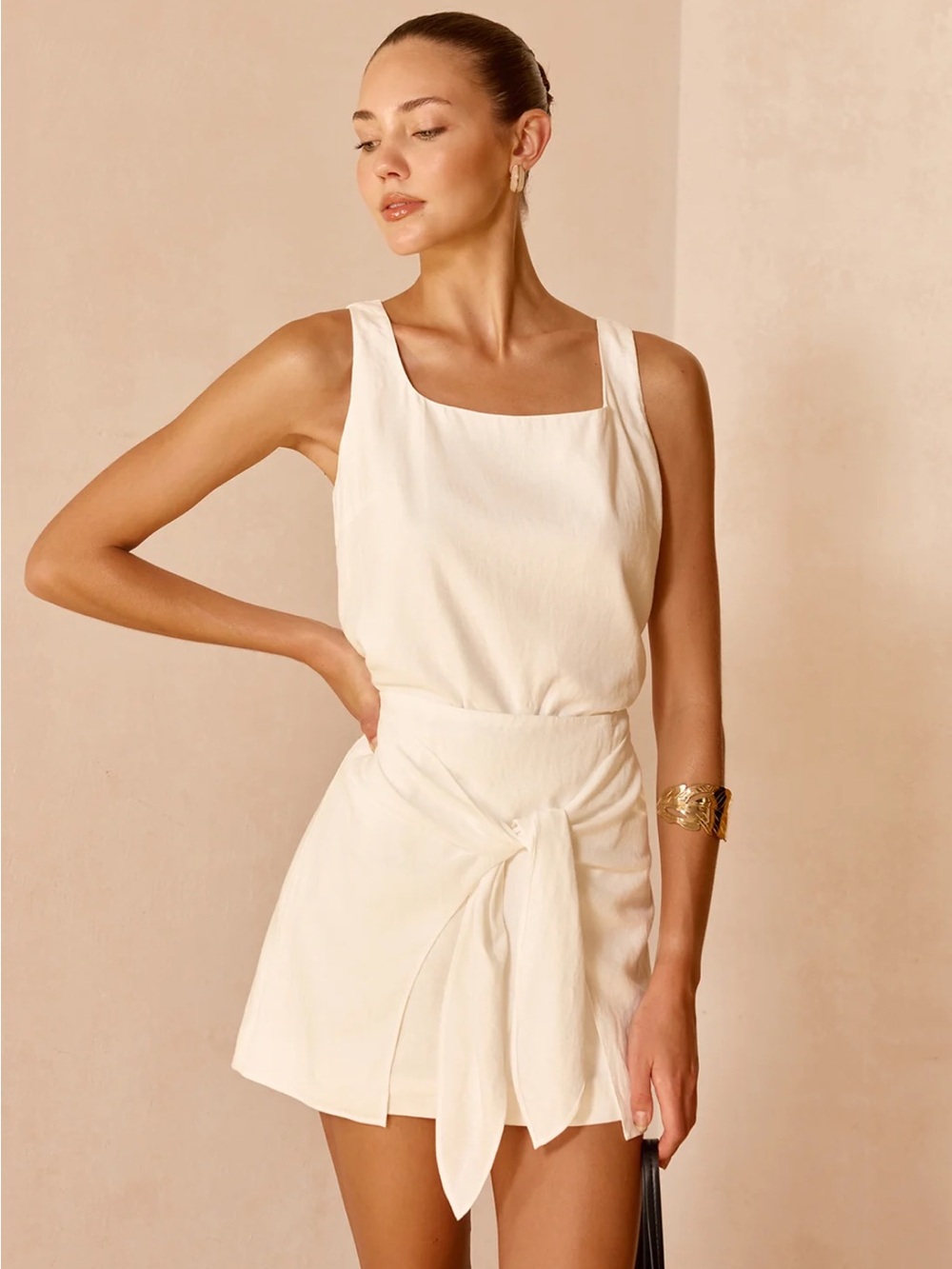 Commense Linen Blend Top + Tie-Front Skirt Set